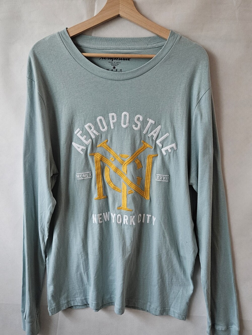 Aéropostale Men New York City Green Long Sleeve Tee with Yellow Logo Size L NWT